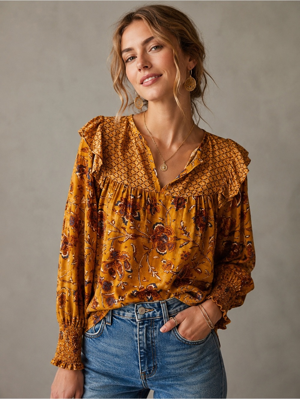 Farmers Market Floral-Paisley puff sleeve Peasant Blouse V-Neck Ruffle